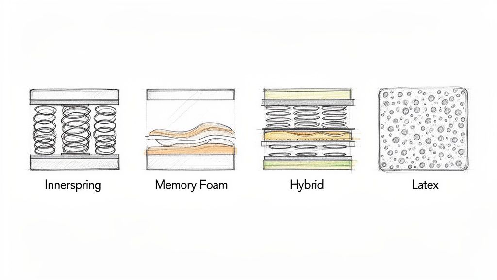 Illustrations showing cross-sections of four different mattress types: Innerspring, Memory Foam, Hybrid, and Latex.