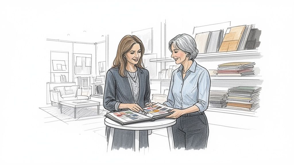 Two smiling women in a design showroom reviewing fabric swatches from a book on a table.