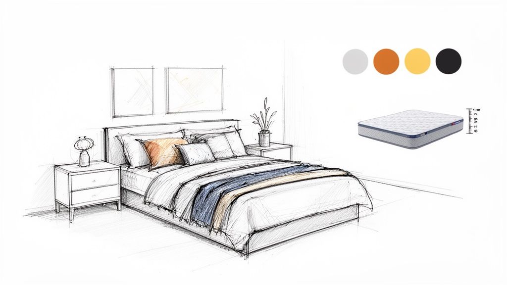 A detailed sketch of a modern bedroom with a bed, nightstands, wall art, a mattress, and color palettes.