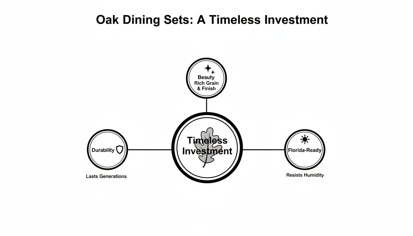 A diagram illustrating the timeless investment benefits of oak dining sets, highlighting beauty, durability, and humidity resistance.