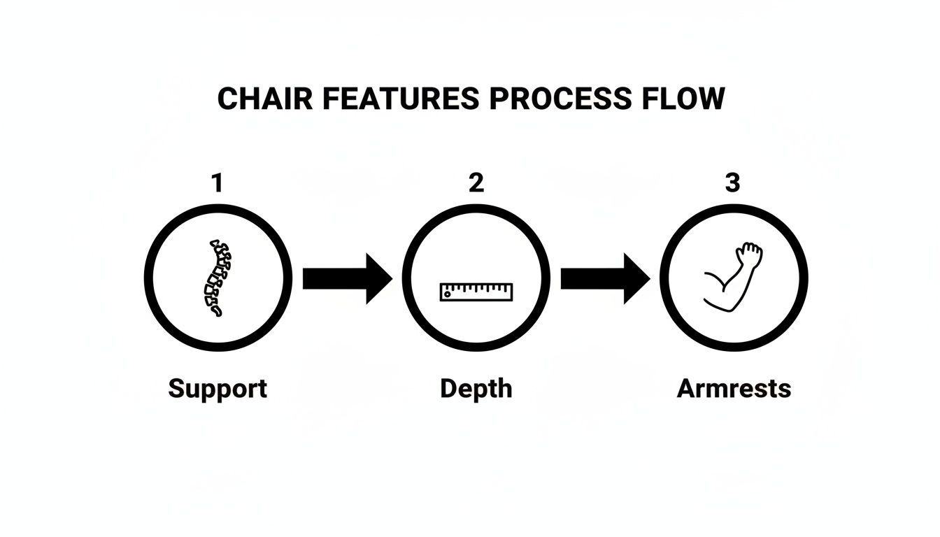 Flowchart illustrating ergonomic chair features: spinal support, seat depth, and adjustable armrests.