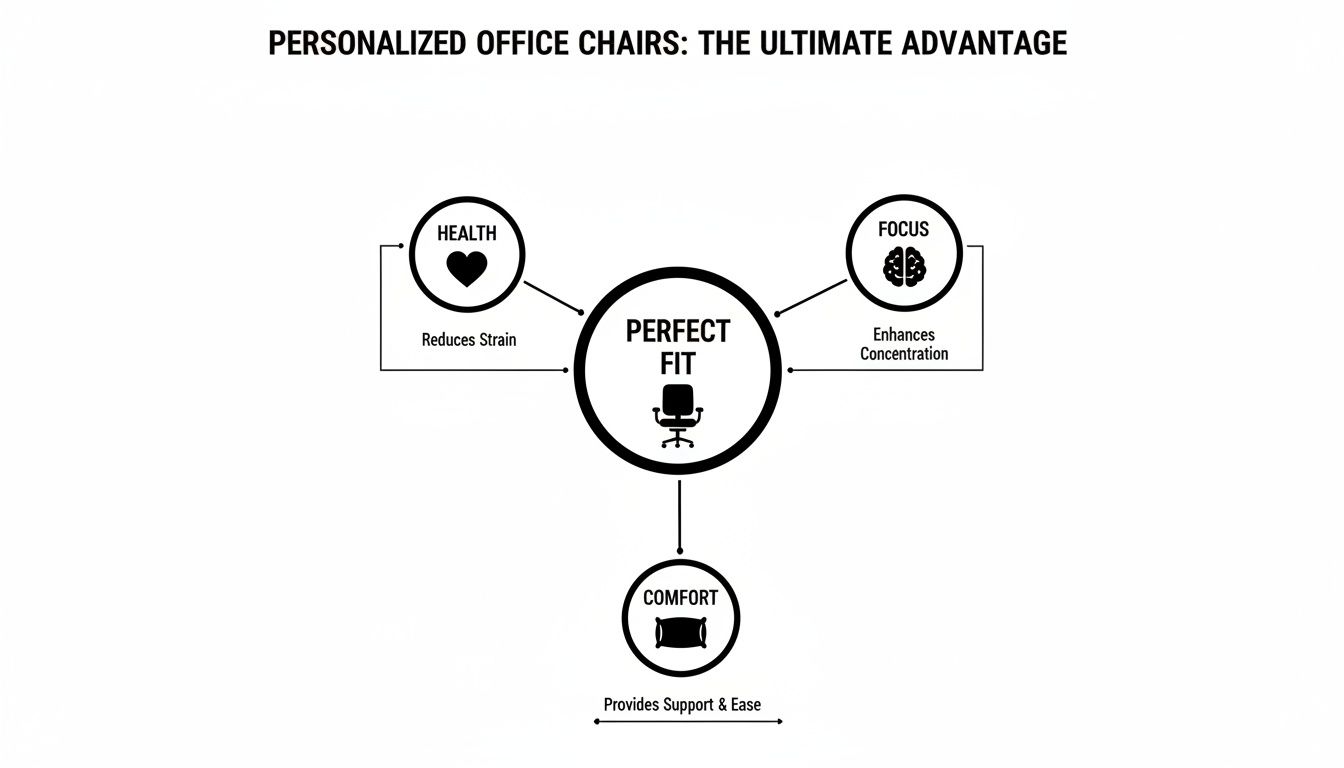 Infographic illustrates the advantages of personalized office chairs, enhancing health, focus, and comfort.