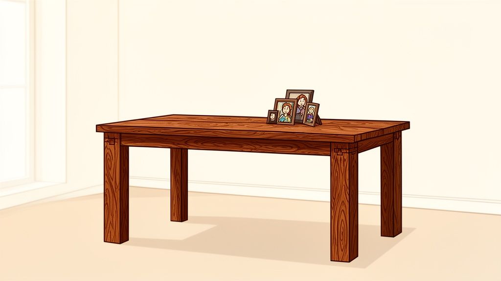 A beautifully crafted wooden dining table set for six in a bright, modern dining room.