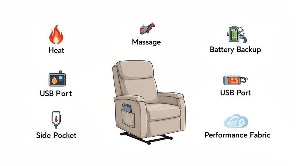 Beige lift chair with comfort features including heat, massage, battery backup, USB ports, side pocket, and performance fabric.