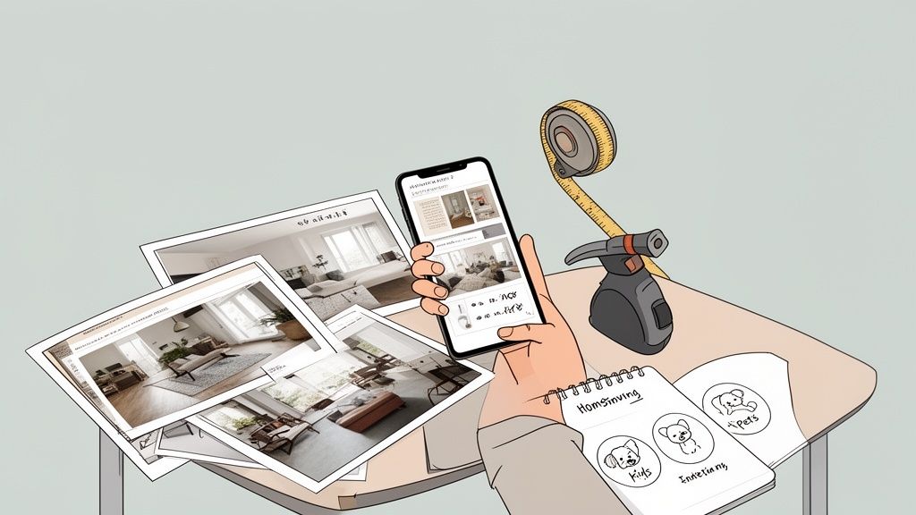 A person's hands holding a smartphone displaying interior design ideas, surrounded by printed home photos and a notebook.