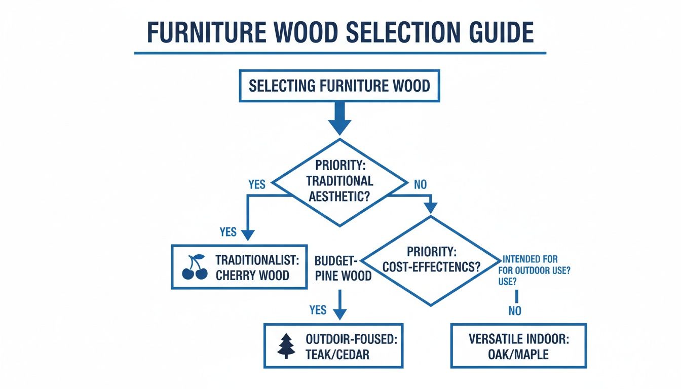 A flowchart guiding furniture wood selection based on traditional aesthetic, cost-effectiveness, and outdoor use.