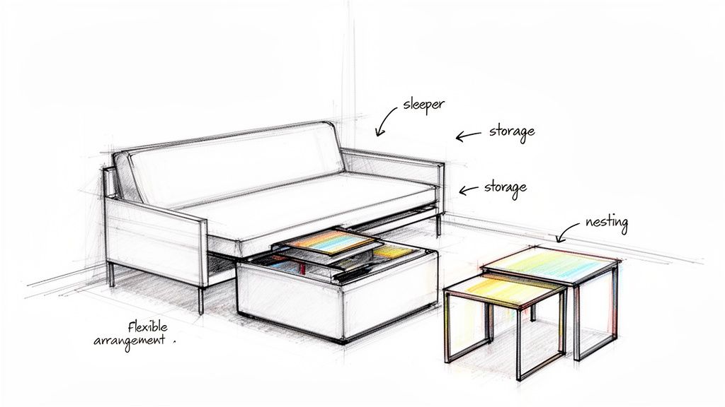 Hand-drawn sketch illustrating a multi-functional sofa bed with storage and nesting tables, labeled for flexible living.