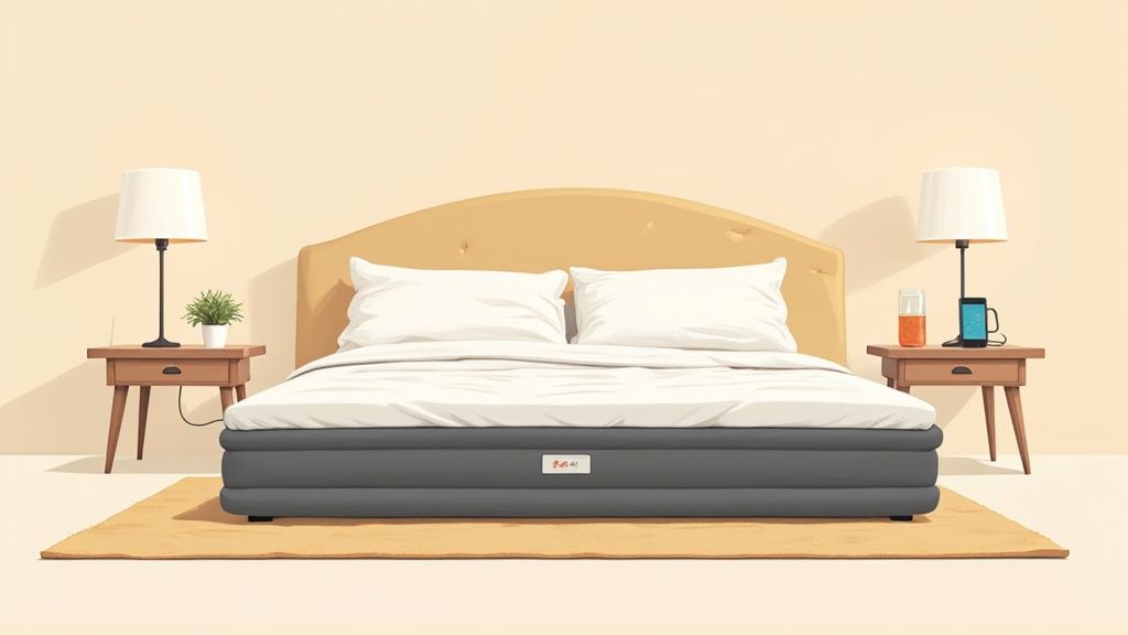 A cozy bedroom featuring a bed with a tan headboard, white bedding, and two wooden nightstands.