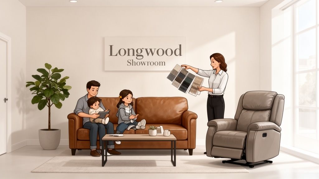 A family sits on a leather sofa in a showroom, while a salesperson shows fabric samples.