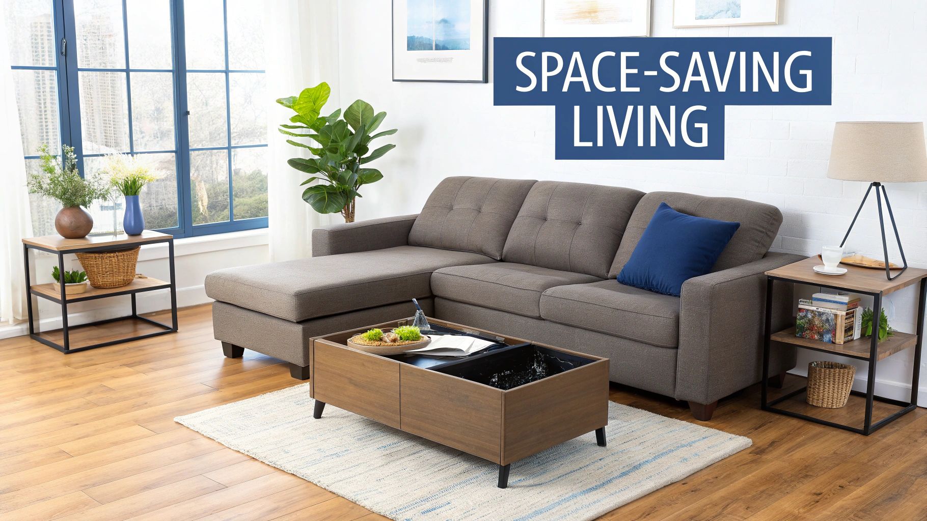 Modern living room with a brown sectional sofa, storage coffee table, and practical end tables.