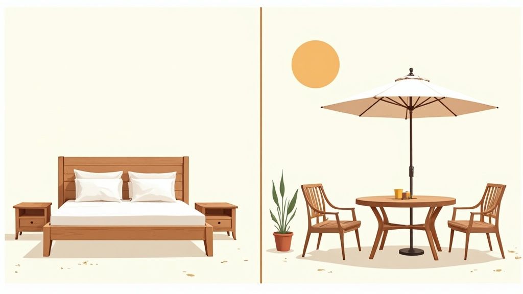 A serene coastal bedroom with light wood furniture and an airy feel.