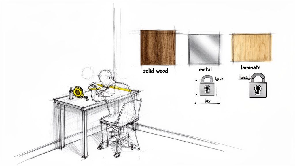 A sketch of a person measuring at a desk, with material samples (wood, metal) and padlock diagrams.