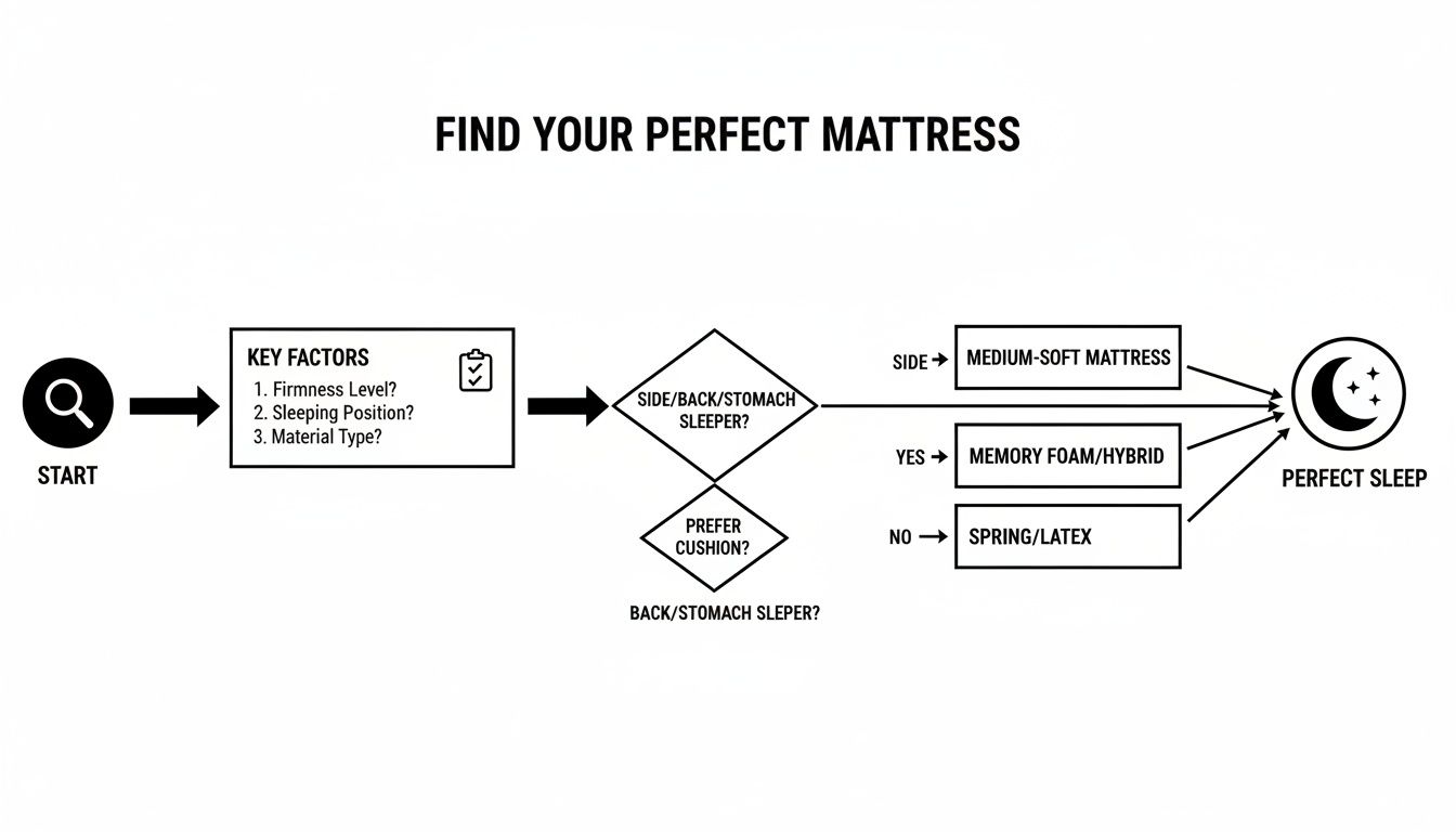 Flowchart guiding mattress selection based on sleeping position, firmness, and material type for perfect sleep.