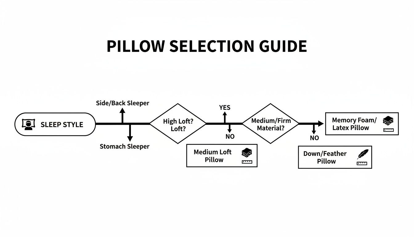 A flowchart guiding pillow selection based on sleep style, loft, and material preferences.