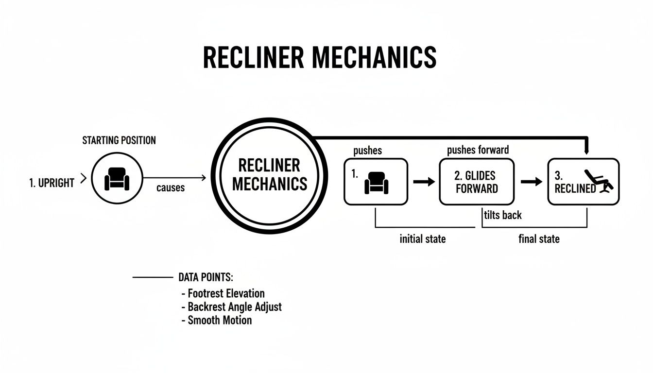 Diagram illustrating recliner mechanics, showing transitions from upright to gliding and reclined positions.