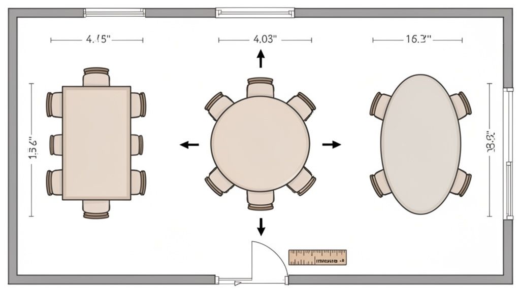 Top-down view of a dining room floor plan with three table layouts: rectangular, round, and oval, showing dimensions.