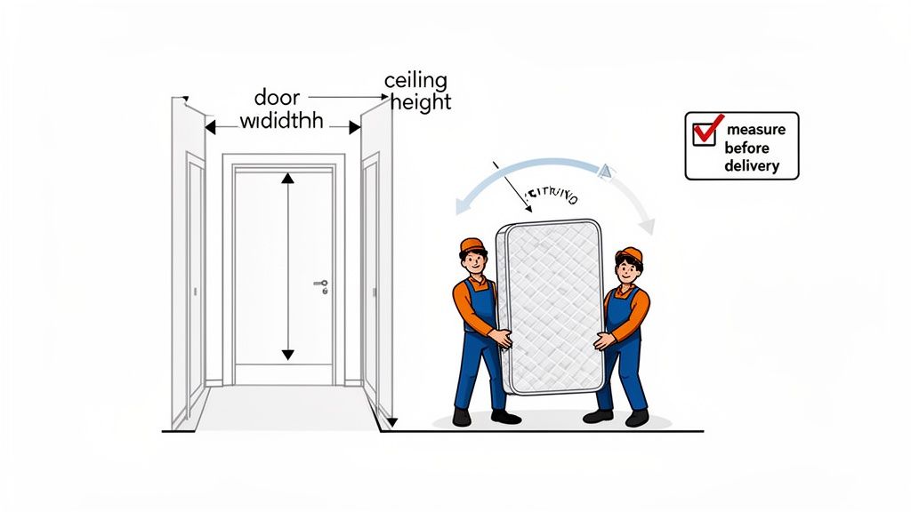 Diagram showing door width and ceiling height measurements, with two men carrying a mattress, advising to measure before delivery.