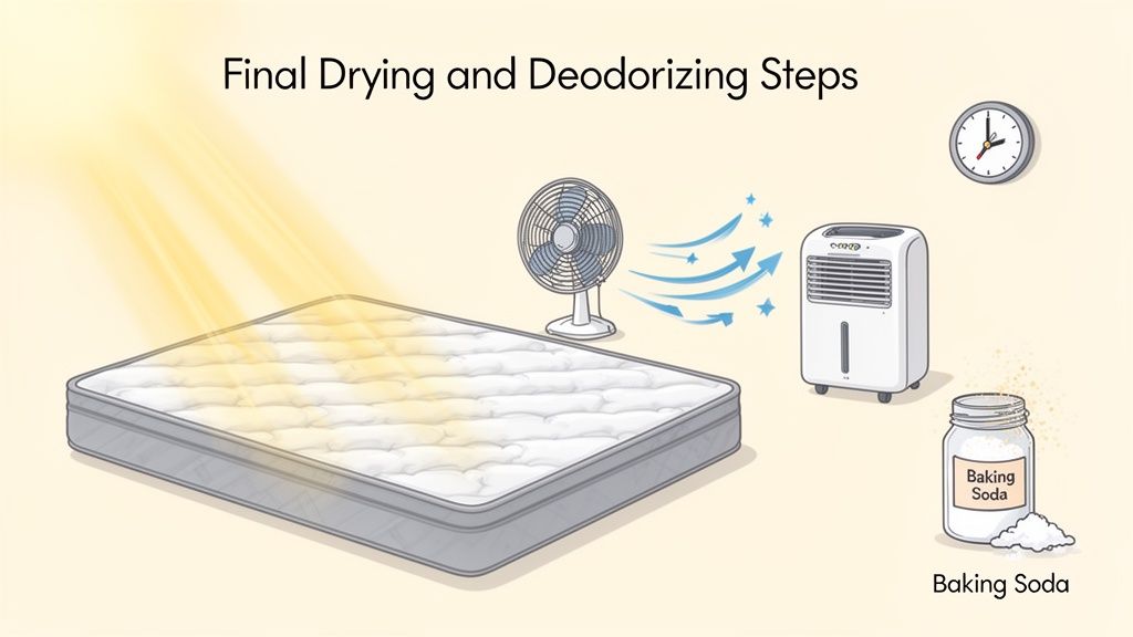 Illustration showing a mattress being dried with sunlight, a fan, dehumidifier, and deodorized with baking soda.
