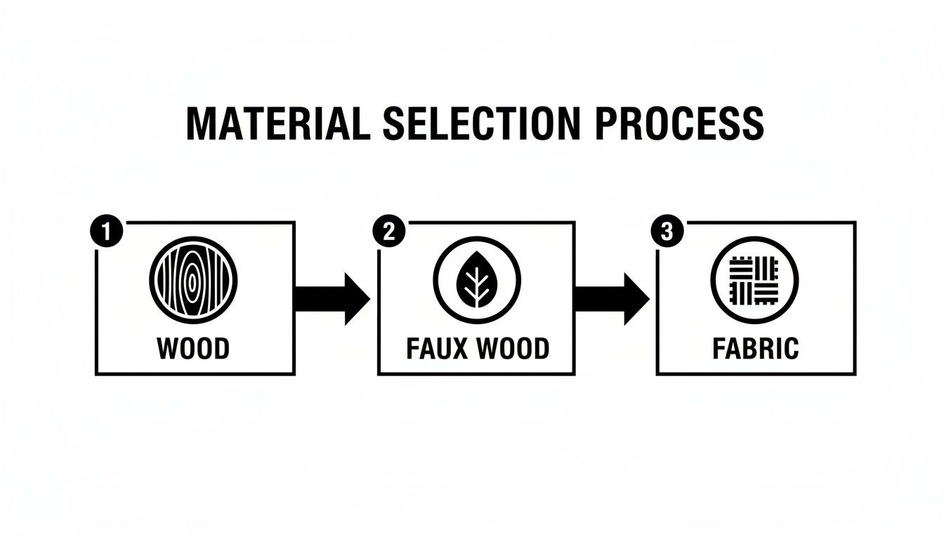 A flowchart illustrating the material selection process: wood, faux wood, and fabric options.