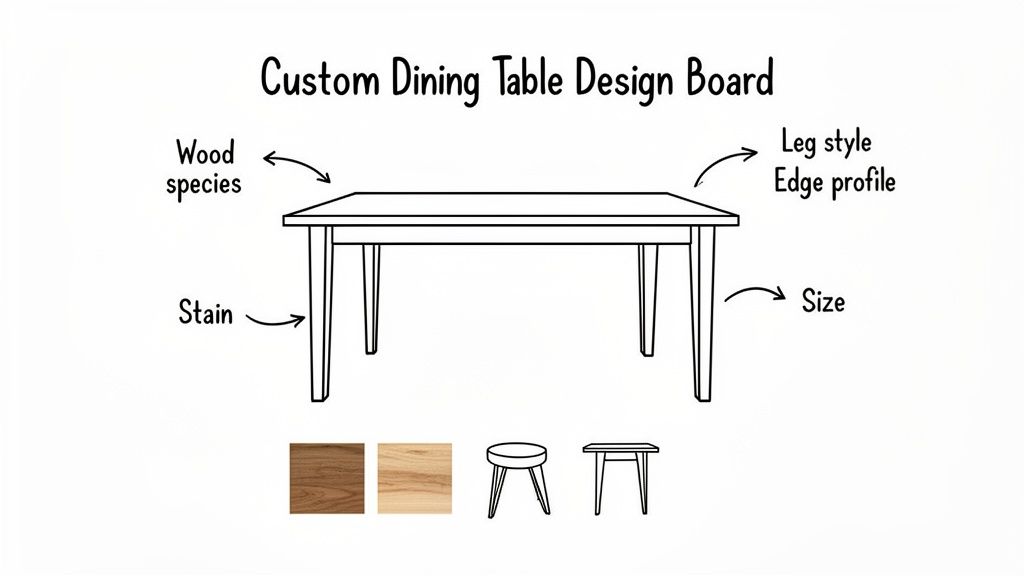 Custom dining table design board displaying options for wood, stain, leg style, edge profile, and size.