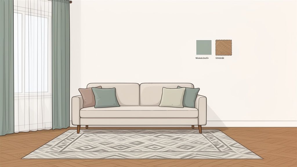 A modern living room featuring a beige sofa, green curtains, a geometric rug, and hardwood flooring.