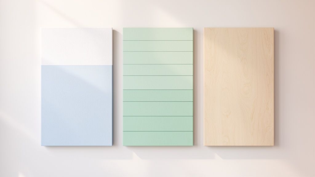 Three minimalist decorative panels on a wall: white and blue, green slatted, and light wood.
