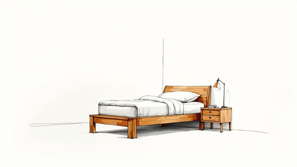 A minimalist sketch of a wooden platform bed with white bedding and a matching nightstand with a lamp.