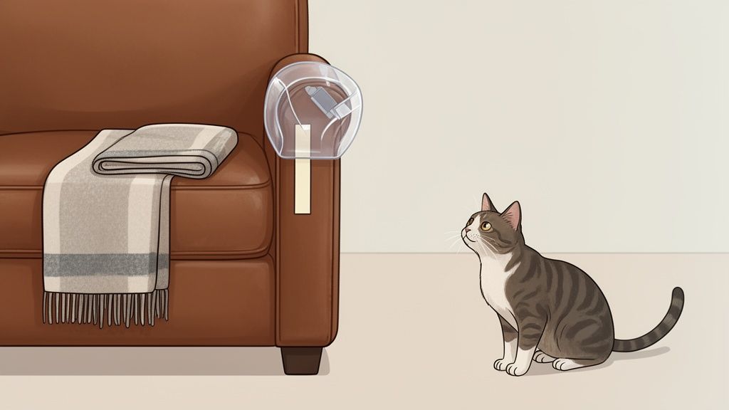 A tabby cat looks at a brown leather couch with a striped blanket and a clear protector.