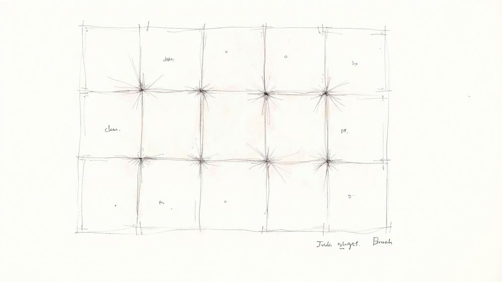 A pencil sketch of a 3x4 grid with star-like tufts at intersections and notes.