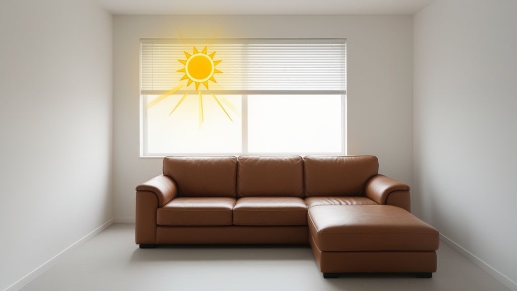 Sunlight streams through a window onto a brown leather sectional sofa in a bright, empty room.