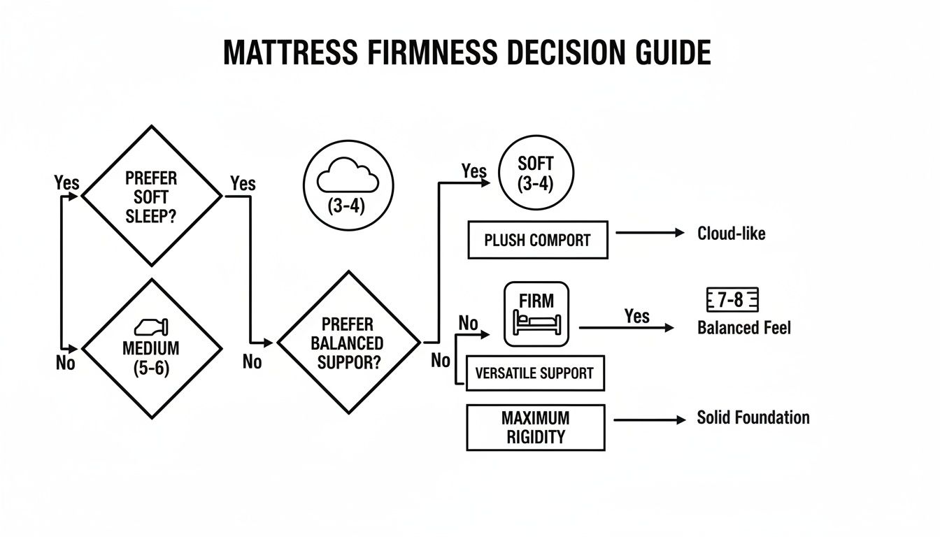 A mattress firmness decision guide flowchart helping users choose between soft, medium, or firm mattresses.