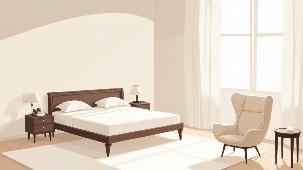 A minimalist bedroom featuring a brown bed, white linens, nightstands, and a cream armchair by a window.