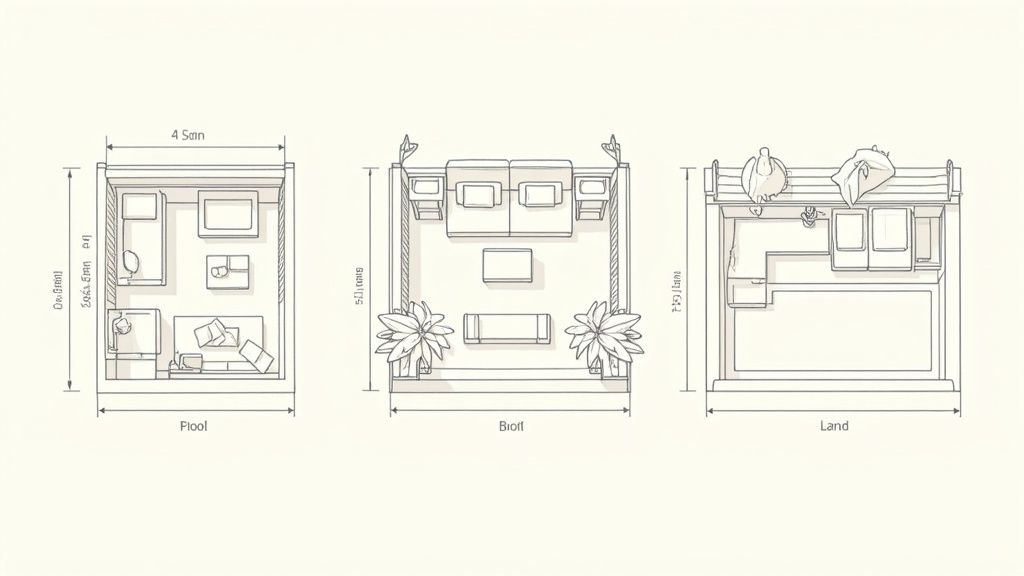 Top-down architectural plans for three distinct spaces: a compact living unit, a lounge area, and an outdoor bar, with dimensions.