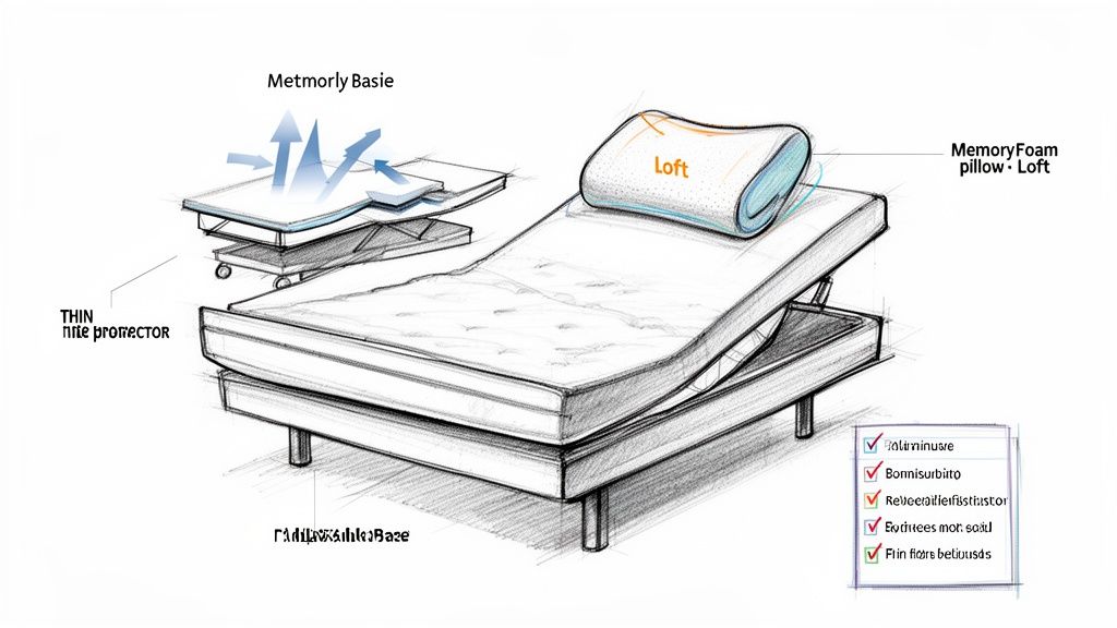 Sketch of an adjustable bed with a memory foam pillow, showing mattress layers and airflow.