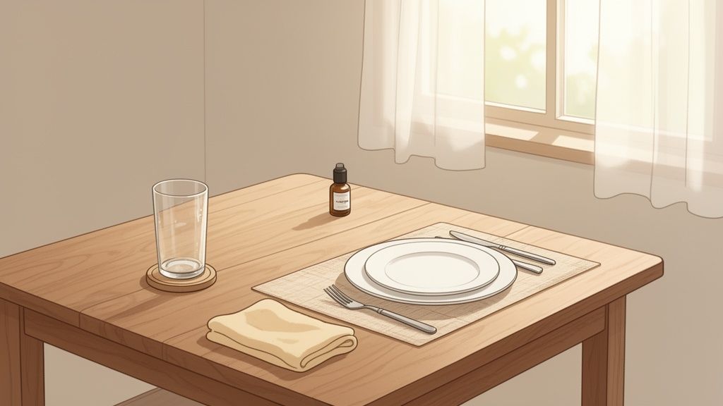 A minimalist wooden dining table set for one person with plates, cutlery, a glass, and a small bottle, illuminated by sunlight through a window with sheer curtains.