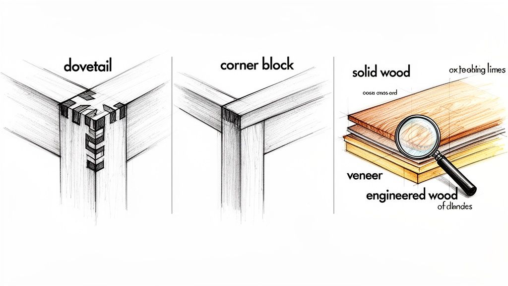 Illustrations showing a dovetail wood joint, a corner block joint, and layers of solid wood, veneer, and engineered wood.