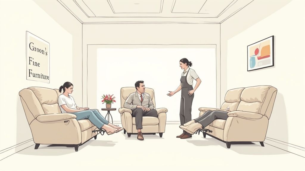 Customers trying out recliners in a furniture store, with a sales associate discussing options.