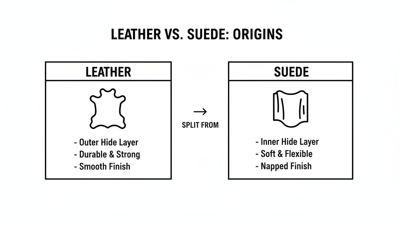 Diagram illustrating the origins of leather versus suede, detailing their layers and characteristics.