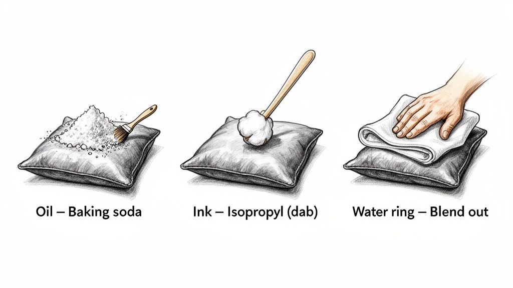 Diagram showing three natural methods for cleaning different stains on furniture: oil with baking soda, ink with isopropyl, and water rings.