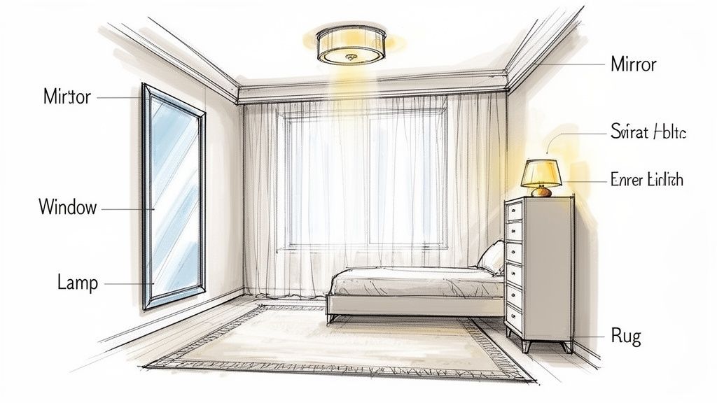A detailed sketch of a small bedroom layout with a bed, window, dresser, mirror, and rug.