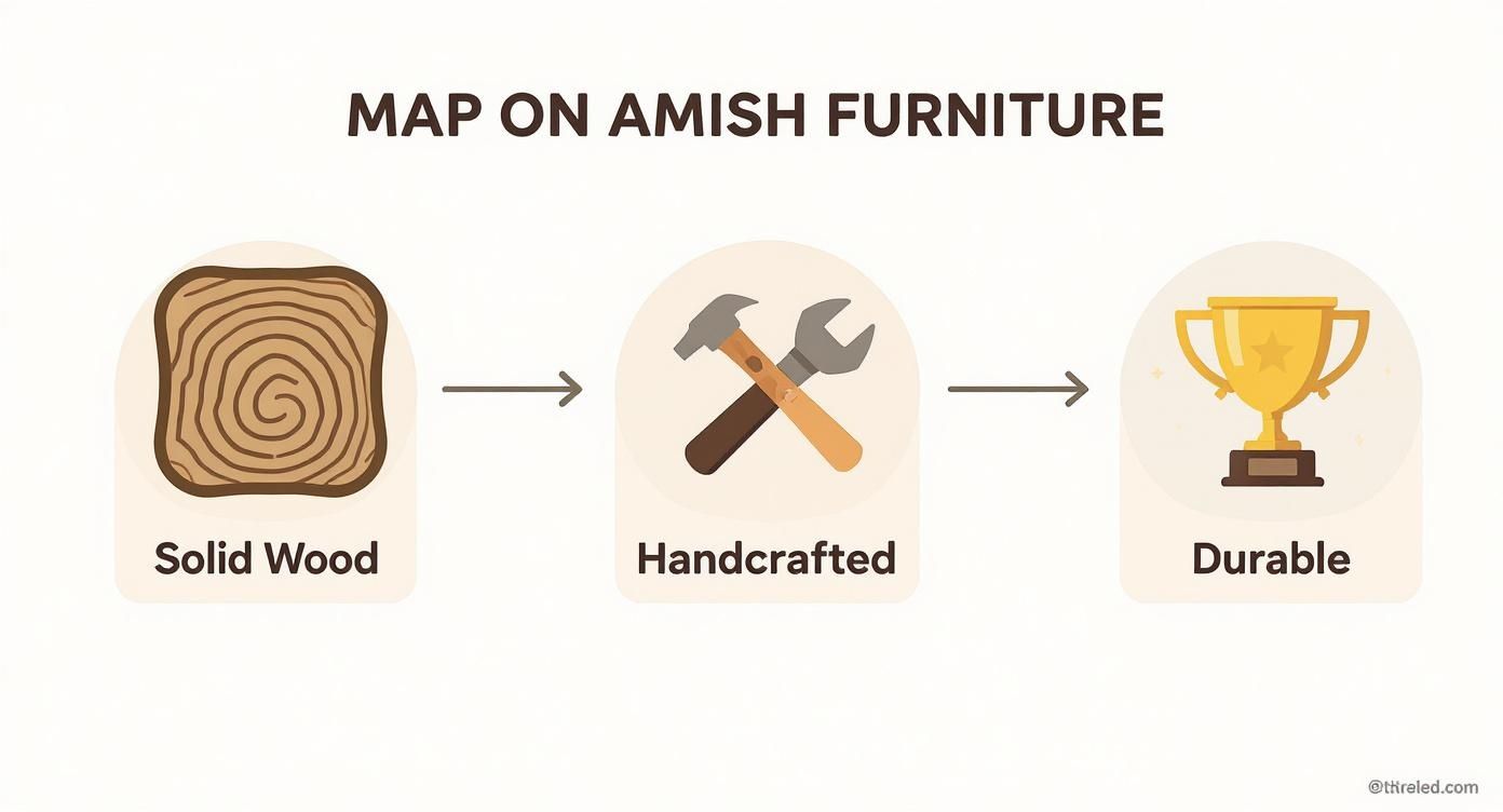 A diagram showing solid wood, handcrafted construction, and durable qualities of Amish furniture.