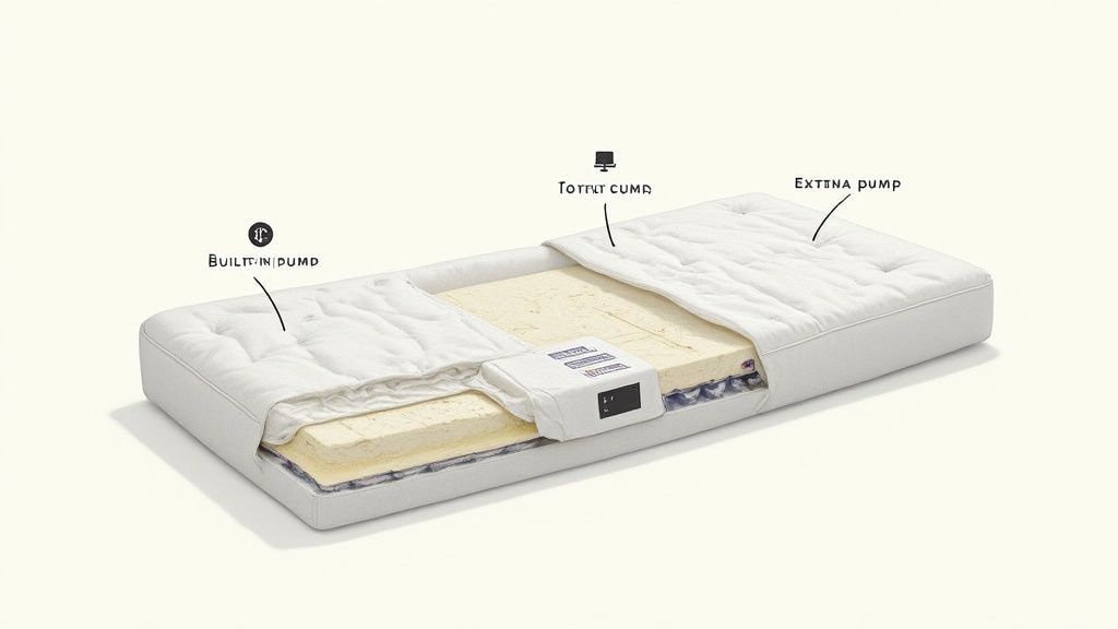 Detailed cutaway view of an air mattress, revealing a built-in pump, external pump, and central control unit.