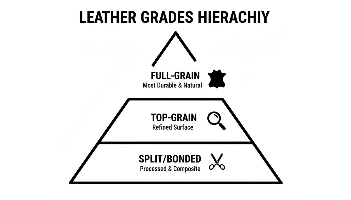 A pyramid chart illustrating the hierarchy of leather grades: Full-Grain, Top-Grain, and Split/Bonded.