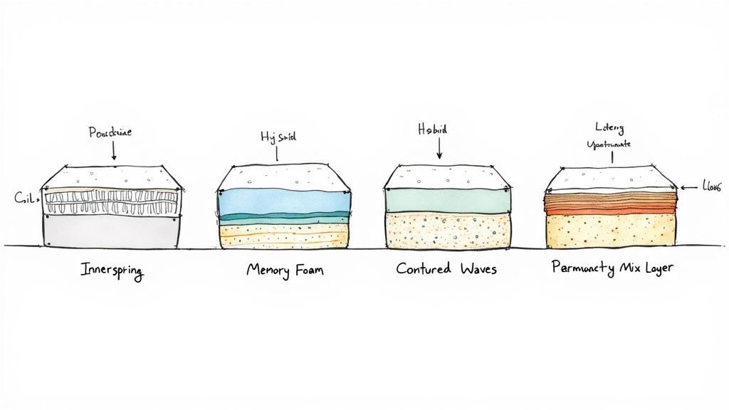 Diagram illustrating cross-sections of four different mattress types: innerspring, memory foam, contoured waves, and permanency mix layer.