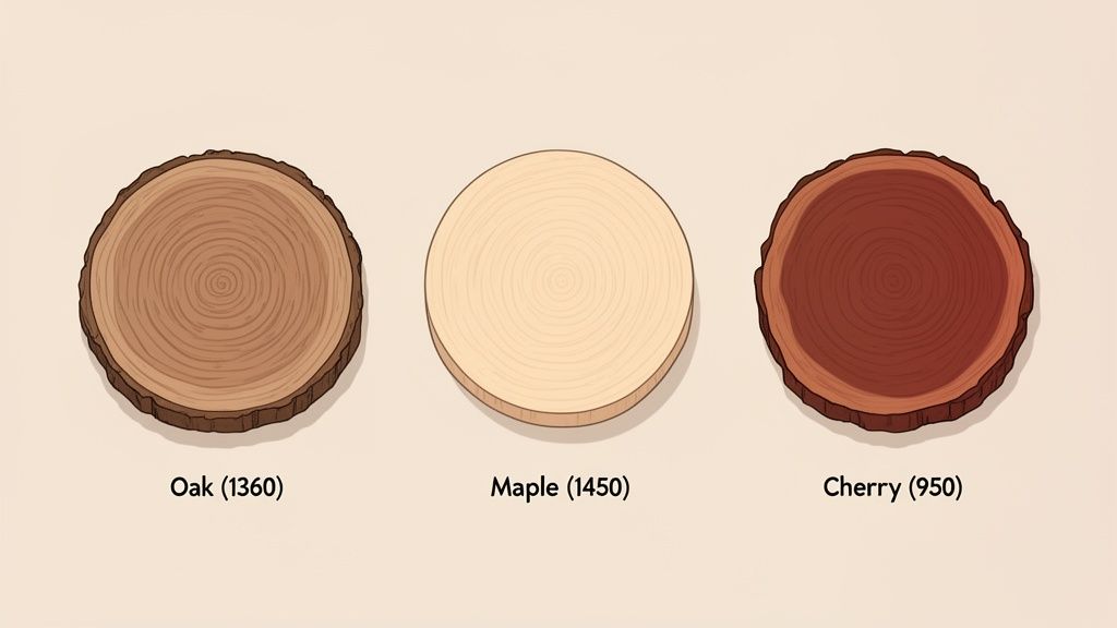 Three circular wood slices: Oak, Maple, and Cherry, displaying their distinct colors and grain patterns.