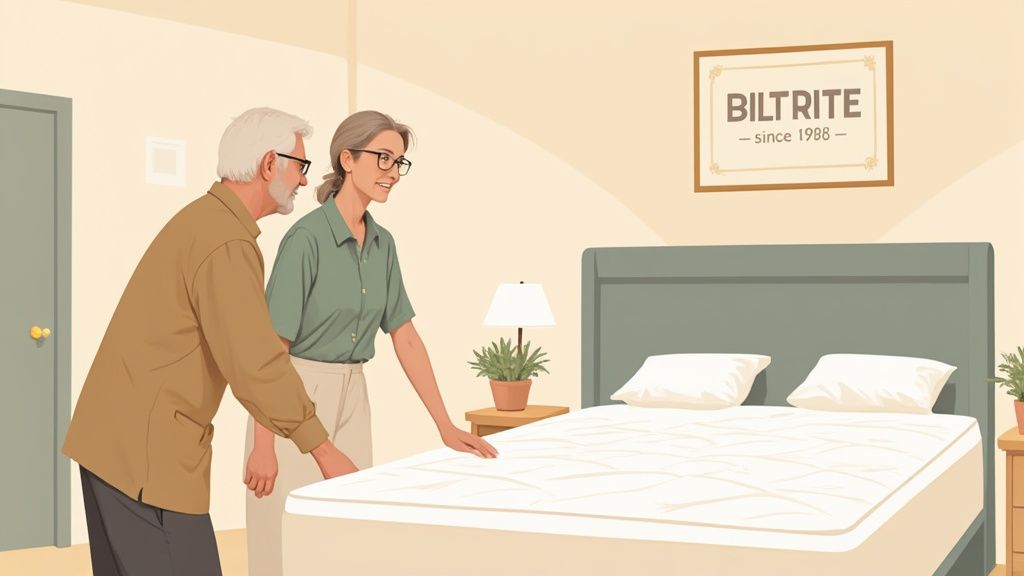 Elderly couple in a bedroom inspecting a new white mattress with two pillows on a bed.