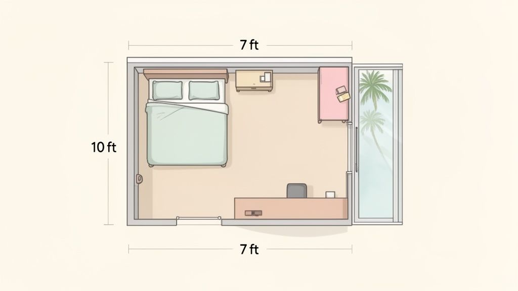 Overhead view of a 7x10 ft bedroom floor plan showing a bed, nightstand, wardrobe, desk, and a window.