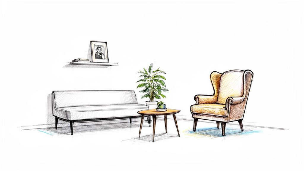 A hand-drawn sketch showing a modern living room interior with a white sofa, a yellow armchair, and a coffee table.