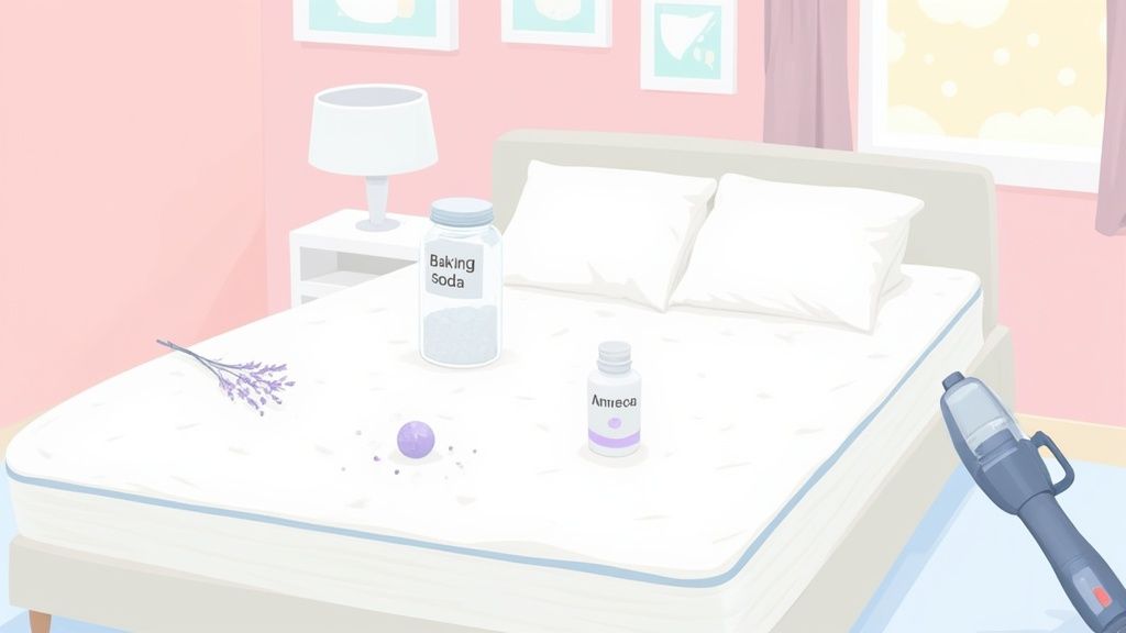 A mattress with baking soda, lavender, essential oil, and a vacuum cleaner for cleaning.