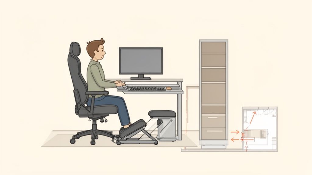 A person sits comfortably at an ergonomic home office desk with a computer and footrest.